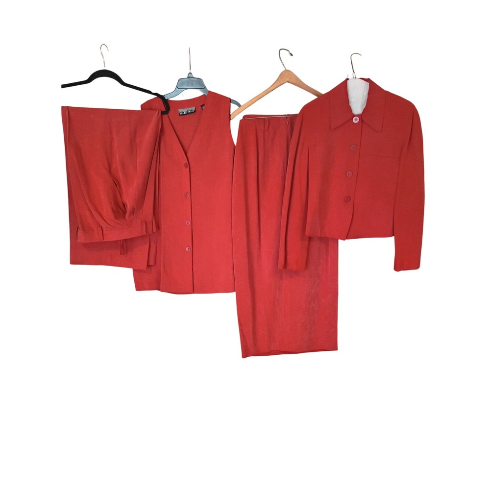 Linda Allard Ellen Tracy 4pc Silk Suit Set Red Jacket Vest Pants Skirt Womens 4